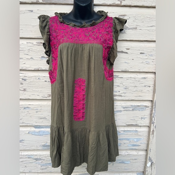J.Marie Kelsea Mexican Oaxacan BoHo Festival Silk Embroidered Mini Dress L